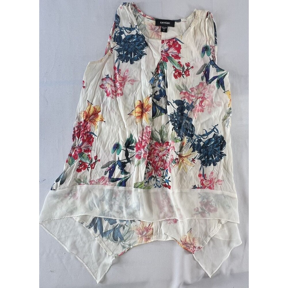 Karen Kane Womens Small White Floral Print Shark Bite Hem Sleeveless Tank Top